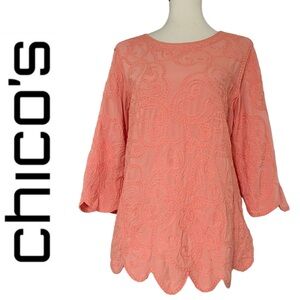 Chico’s Blouse 3/4 Sleeve Orange Coral‎ Full Embroidered Print. Scalloped hem